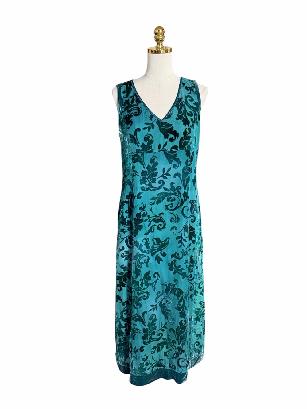 Garnet Hill Silk Blend Teal V-Neck Floral Burnout Velvet Sleeveles Maxi Dress 10